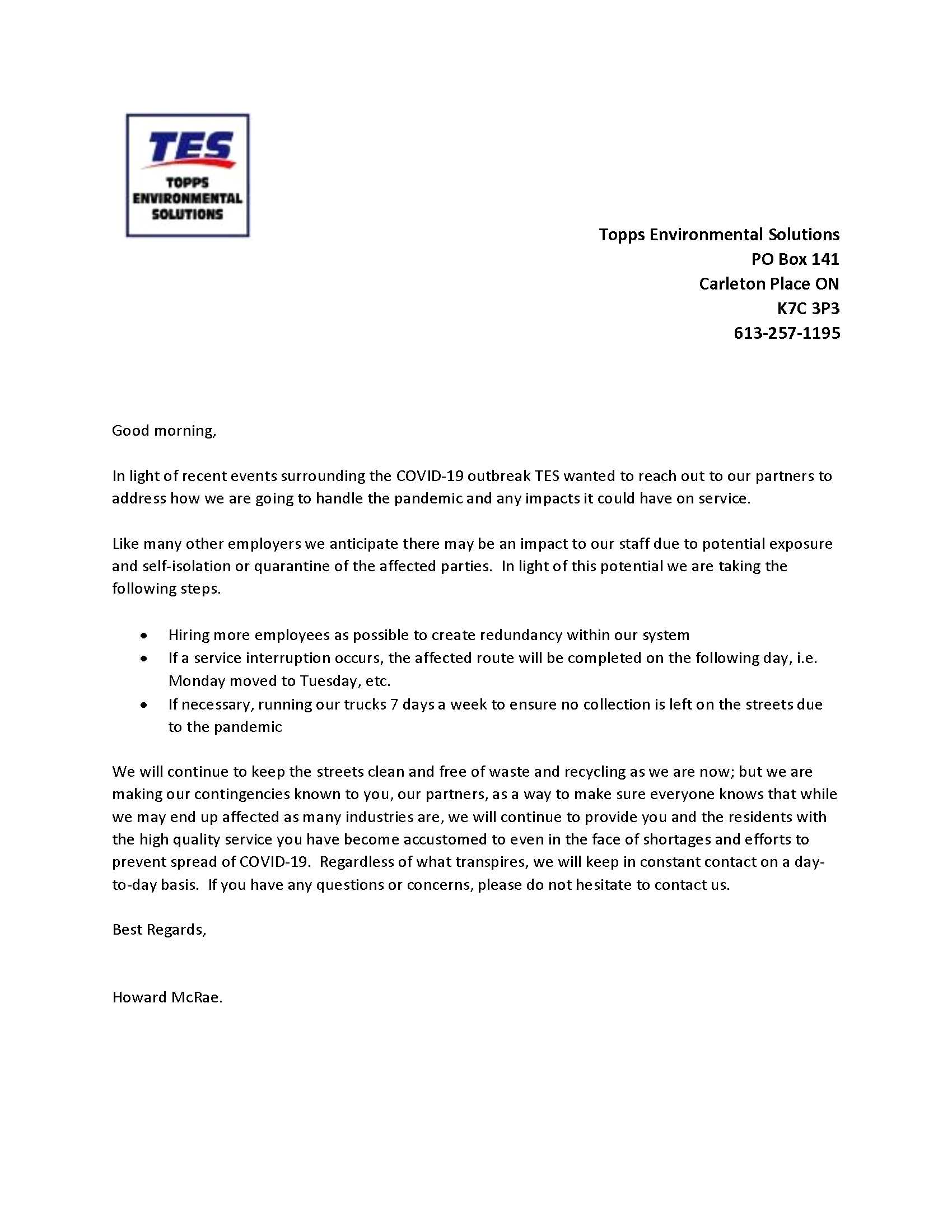 Garbage & Recycling Collection COVID19 Township of McNab/Braeside